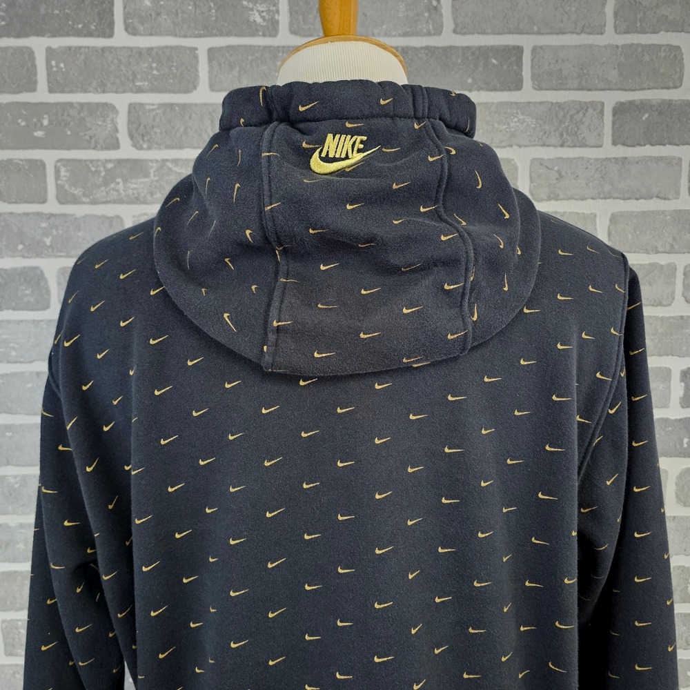 Nike Club Hoodie AOP Swoosh Black Gold Sweatshirt Mens Large Pullover Streetwear - Picture 4 of 10